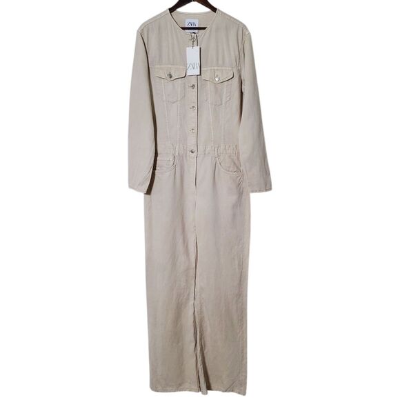 ZARA BEIGE LINEN COTTON BLEND STRAIGHT LEG LONG JUMPSUIT  WITH POCKETS Sz Large - Picture 1 of 10